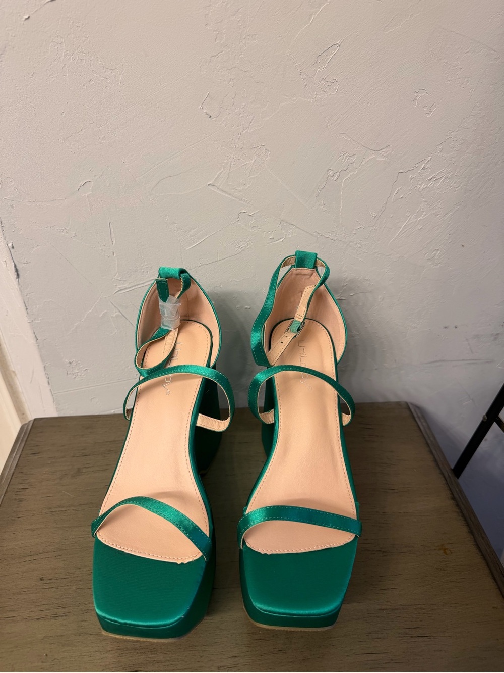 Satin Emerald Green Strappy Platform Heels